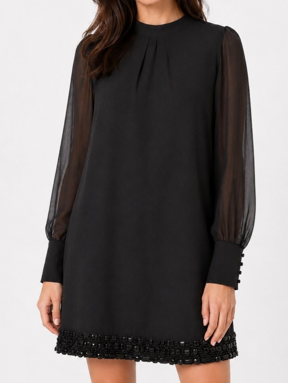 Gold Hawk 100% Silk Solid Black Beaded Sheer Sleeve Mini Dress Size S Classic